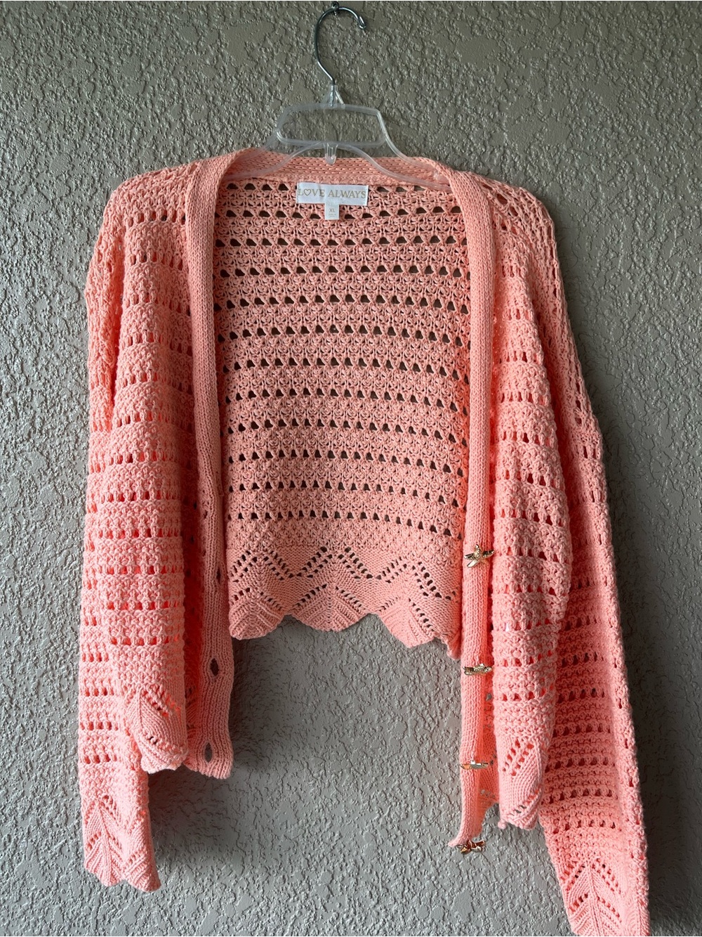 Love Always Coral Peach Crochet Openwork Cardigan